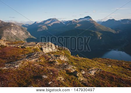 Hiking In Norway, Classic Norwegian Scandinavian Summer Mountain Landscape View With Mountains, Fjor