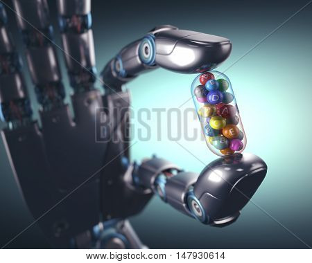 3D illustration. Robot hand holding a multivitamin pill.