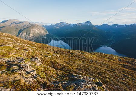 Hiking In Norway, Classic Norwegian Scandinavian Summer Mountain Landscape View With Mountains, Fjor