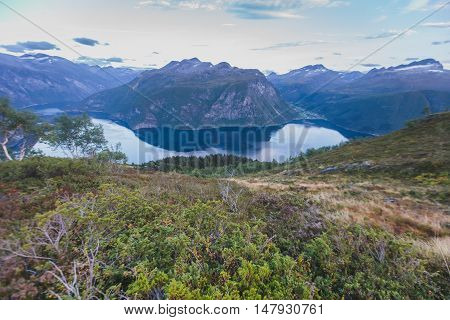 Hiking In Norway, Classic Norwegian Scandinavian Summer Mountain Landscape View With Mountains, Fjor