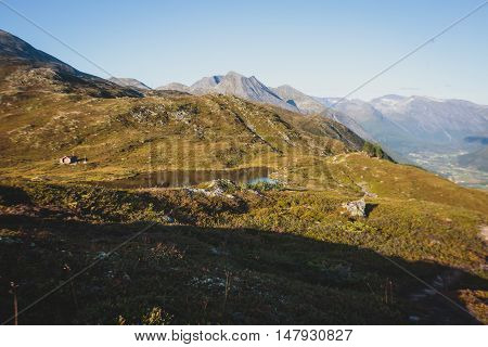 Hiking In Norway, Classic Norwegian Scandinavian Summer Mountain Landscape View With Mountains, Fjor