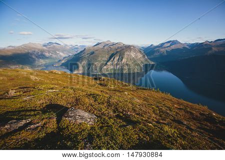 Hiking In Norway, Classic Norwegian Scandinavian Summer Mountain Landscape View With Mountains, Fjor