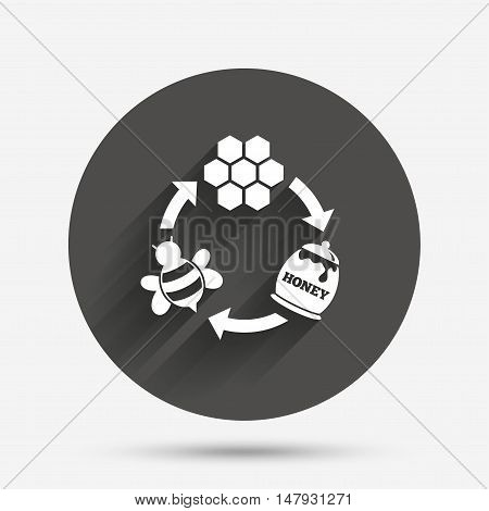 Producing honey and beeswax sign icon. Honeycomb cells symbol. Honey in pot. Sweet natural food cycle in nature. Circle flat button with shadow. Vector