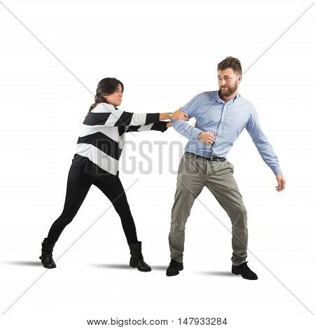 Sad woman pulls a man who wants to escape