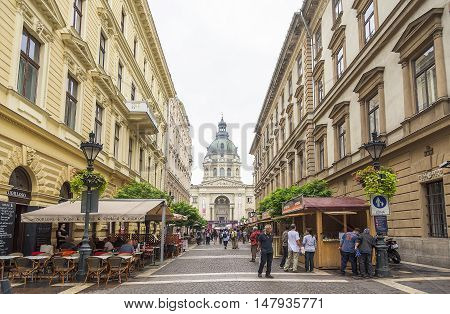 BUDAPEST, SEPTEMBER 17: Tourists walk on the street Zrinyi on September 17, 2016 in Budapest, Hungary. Street Zrinyi one of the most famous streets in the capital of Hungary.