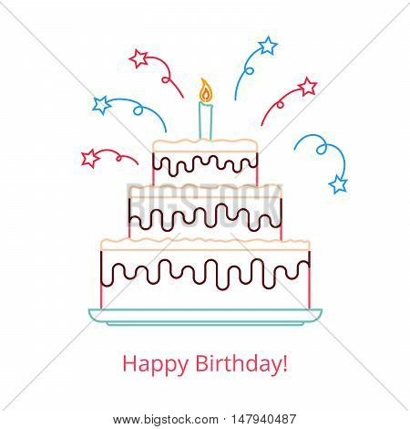 Concept of a large birthday cake with a candle and candy with the words happy birthday. Vector illustration in a linear style isolated on white background
