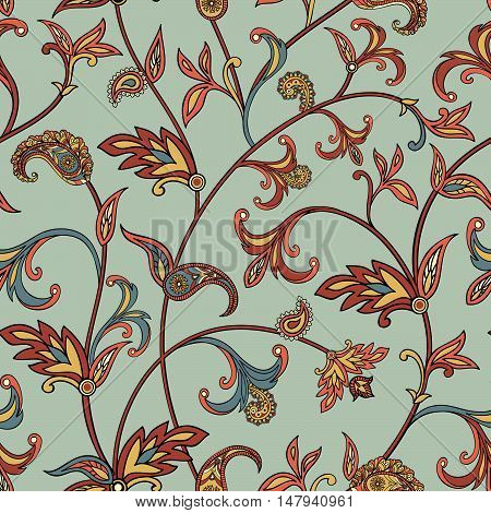 Floral pattern Flourish tiled oriental ethnic background. Arabic ornament with fantastic flowers and leaves. Wonderland motives of the paintings of ancient Indian fabric patterns.