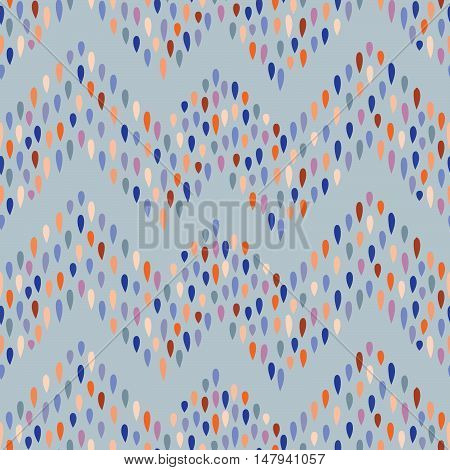 Abstract water drop zig zag seamless pattern. Raindrop background. Falling dots zig-zag ornament