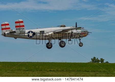 NEW WINDSOR NY - SEPTEMBER 03 2016: Panchito is a North American B-25 Mitchell from the Word War II Era flying over Stewart Airport at the New York Airshow