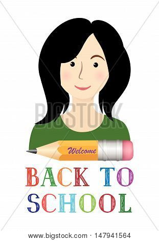 Cheerful smiling little girl with pencil and lettering. Back to school concept banner