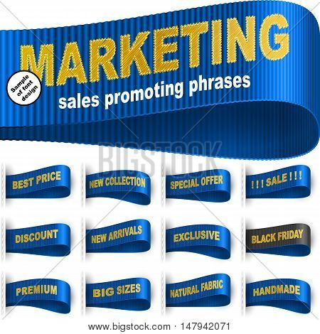 Clothes labels tags with marketing words and phrases for garments sales promotion and merchant service; Best price Discount Sale Special offer Handmade Black friday and etc; Blue vector set Eps10