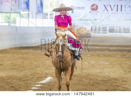 GUADALAJARA MEXICO - SEP 01 : Charra participates at the 23rd International Mariachi & Charros festival in Guadalajara Mexico on September 01 2016.