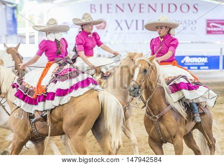 GUADALAJARA MEXICO - SEP 01 : Charras participate at the 23rd International Mariachi & Charros festival in Guadalajara Mexico on September 01 2016.