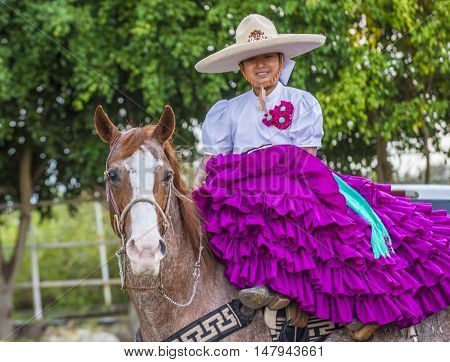 GUADALAJARA MEXICO - SEP 01 : Charra participates at the 23rd International Mariachi & Charros festival in Guadalajara Mexico on September 01 2016.