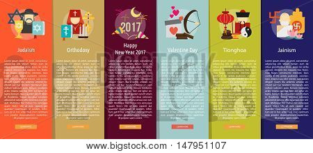 Religion and Celebrations Vertical Banner Concept | Set of great vertical banner flat design illustration concepts for religion, celebration, culture, confidence, and much more. the set can be used for several purposes like: websites, print templates, pre