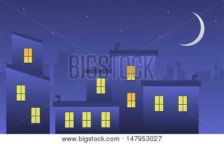 Landscape building at night of silhouette vector illustration