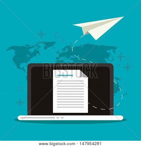 Laptop document and paperplane icon. Email mail message communication and technology theme. Colorful design. Vector illustration
