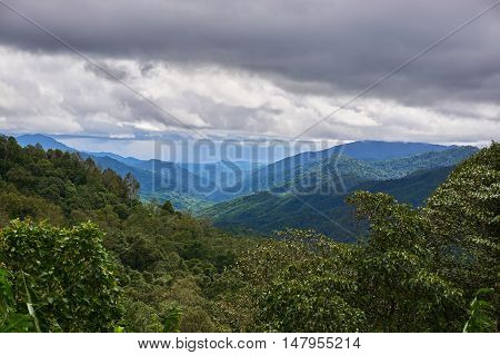 Mountain range in cloudy day. Chong Yen viewpoint, at Mea-Wong National Park,Thailand. Tropical rain-forest in asia. Rain is coming