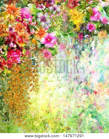 Abstract flowers watercolor painting. Spring multicolored flowers