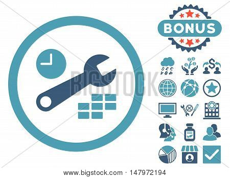 Date and Time Configuration icon with bonus symbols. Vector illustration style is flat iconic bicolor symbols, cyan and blue colors, white background.