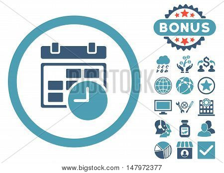 Date and Time icon with bonus symbols. Vector illustration style is flat iconic bicolor symbols, cyan and blue colors, white background.
