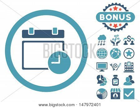 Date and Time icon with bonus design elements. Vector illustration style is flat iconic bicolor symbols, cyan and blue colors, white background.