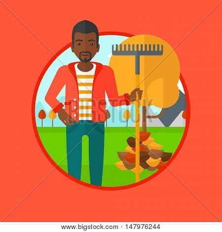 An african-american man raking autumn leaves. Man with rake standing near tree and heap of leaves. Man tidying leaves in garden. Vector flat design illustration in the circle isolated on background.