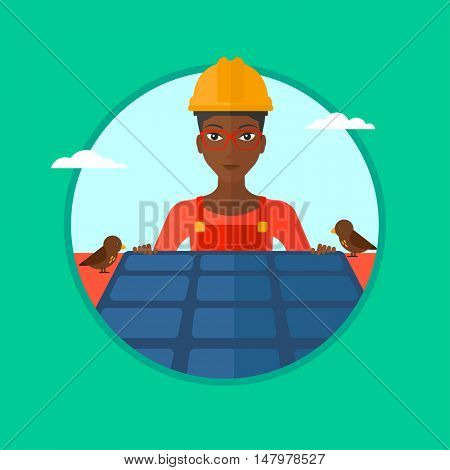 An african-american woman installing solar panels on roof. Technician in inuform and hard hat checking solar panels on roof. Vector flat design illustration in the circle isolated on background.