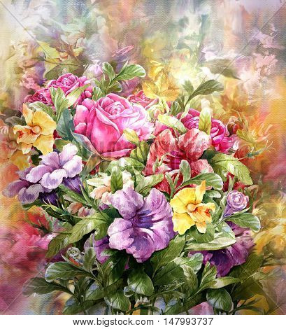Bouquet of multicolored flowers watercolor painting style