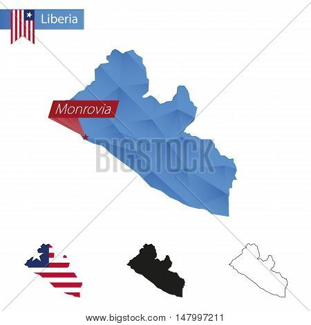 Liberia Blue Low Poly Map With Capital Monrovia.