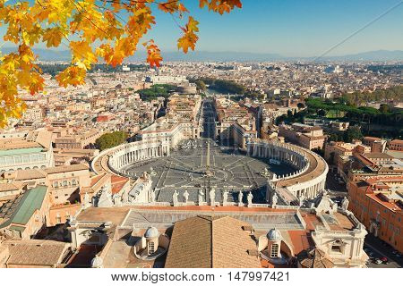 Saint Peter's Square in Vatican and panoranic view of the city frome above at fall day, Rome, Italy