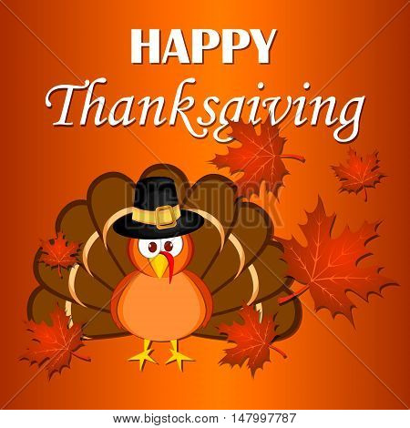 Beautiful cartoon turkey bird. Happy Thanksgiving celebration. Orange background. Usable as poster banner or postcar