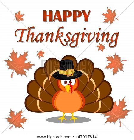 Beautiful cartoon turkey bird. Happy Thanksgiving celebration. Orange background. Usable as poster banner or postcar
