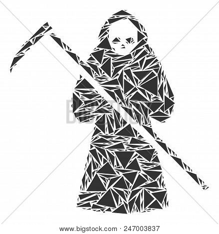 Death Scytheman Collage Of Triangle Items In Various Sizes And Shapes. Vector Triangles Are Organize