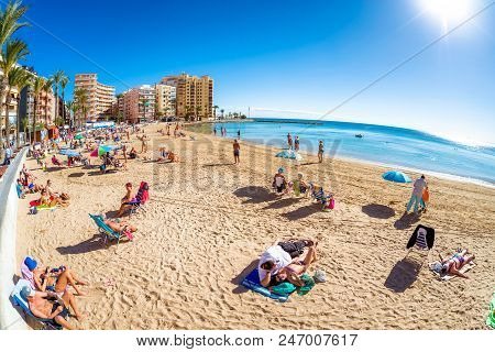 Torrevieja, Spain - November 13, 2017: Panorama Of The Beach Of Playa Del Cura.