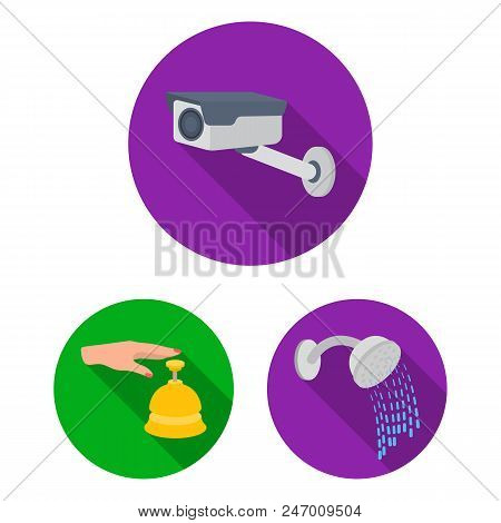 Hotel And Equipment Flat Icons In Set Collection For Design. Hotel And Comfort Vector Symbol Stock  