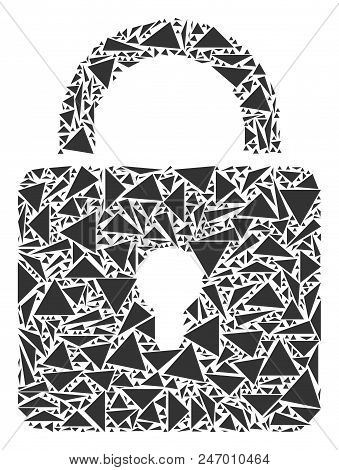 Lock Mosaic Of Triangle Items In Different Sizes And Shapes. Vector Polygons Are Composed Into Lock 