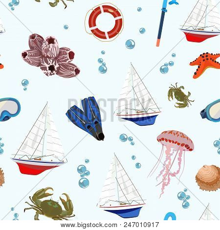 Vector Pattern With Sea Regatta And Mask, Fins For Diving And Crab, Jellyfish On Light Background Am