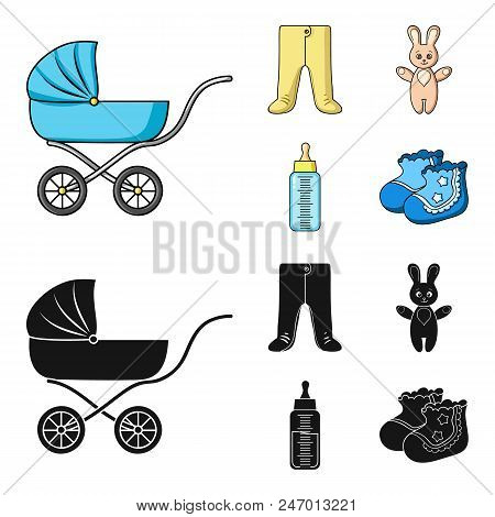 Stroller, Bottle With A Pacifier, Toy, Sliders.baby Born Set Collection Icons In Cartoon, Black Styl