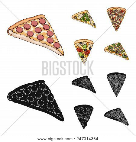 A Slice Of Pizza With Different Ingredients. Different Pizza Set Collection Icons In Cartoon, Black 