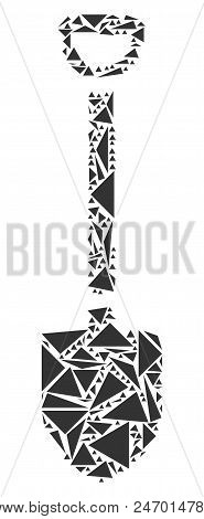 Shovel Mosaic Of Triangle Items In Various Sizes And Shapes. Vector Triangles Are Composed Into Shov