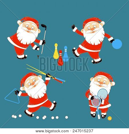 Set Of Vector Illustrations With Santa Claus Playing Sports Games Golf, Bowling, Billiards, Tennis. 