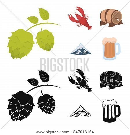 Alps, A Barrel Of Beer, Lobster, Hops. Oktoberfest Set Collection Icons In Cartoon, Black Style Vect