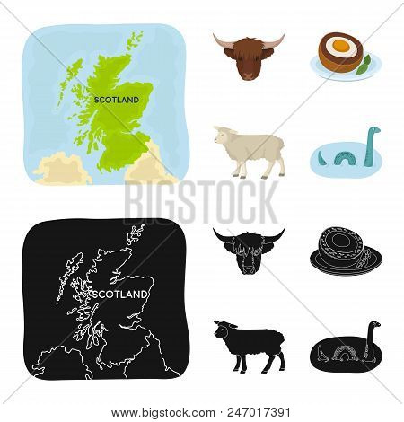 Territory On The Map, Bull Head, Cow, Eggs. Scotland Country Set Collection Icons In Cartoon, Black 