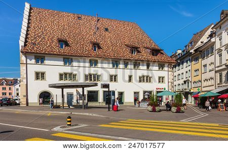 Schaffhausen, Switzerland - August 29, 2015: Buildings Of The Historic Part The City Of Schaffhausen