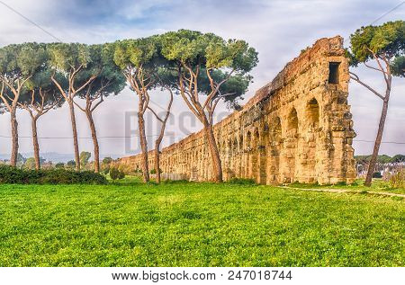 Ruins Of The Iconic Parco Degli Acquedotti, Rome, Italy. The Public Park Is Named After The 7 Ancien