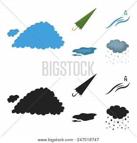 Cloud, Umbrella, The North Wind, A Puddle On The Ground. The Weather Set Collection Icons In Cartoon