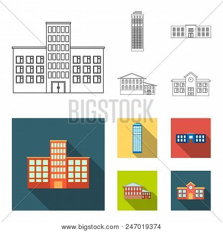 Skyscraper, Police, Hotel, School.building Set Collection Icons In Outline, Flat Style Vector Symbol