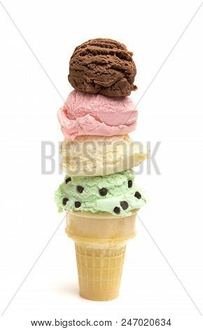 Quadruple Stack Of Ice Cream Scoops On A Sugar Cone