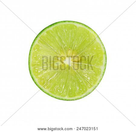 Half Of Lime Citrus Fruit (lime Cut) Isolated On White Background. Sliced Lime Half With Clipping Pa